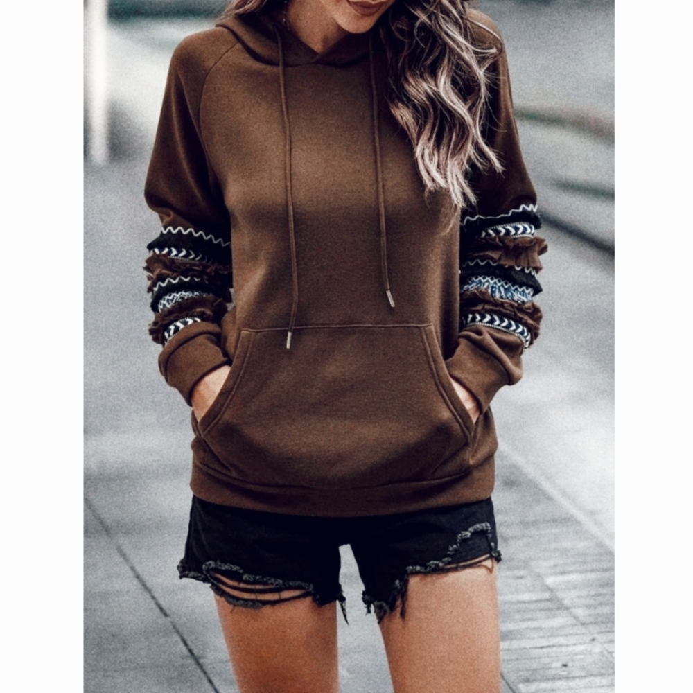 NEW Boho Fringe Sleeve Hoodie Sweatshirt Pullover Long Sleeve Brown Gray Blue - Picture 6 of 8
